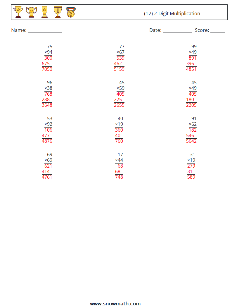 (12) 2-Digit Multiplication Math Worksheets 13 Question, Answer