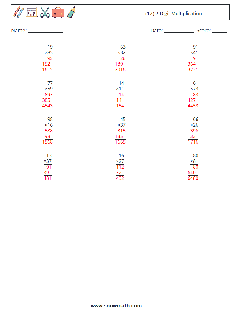 (12) 2-Digit Multiplication Math Worksheets 14 Question, Answer