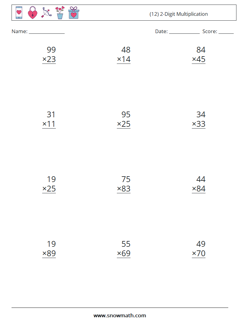 (12) 2-Digit Multiplication Maths Worksheets 15