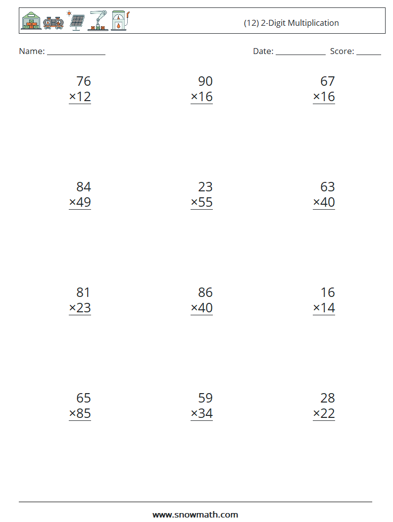 (12) 2-Digit Multiplication Maths Worksheets 17