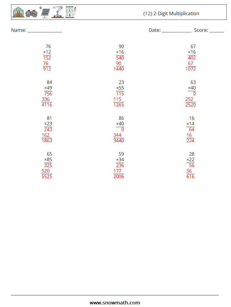 (12) 2-Digit Multiplication Math Worksheets 17 Question, Answer