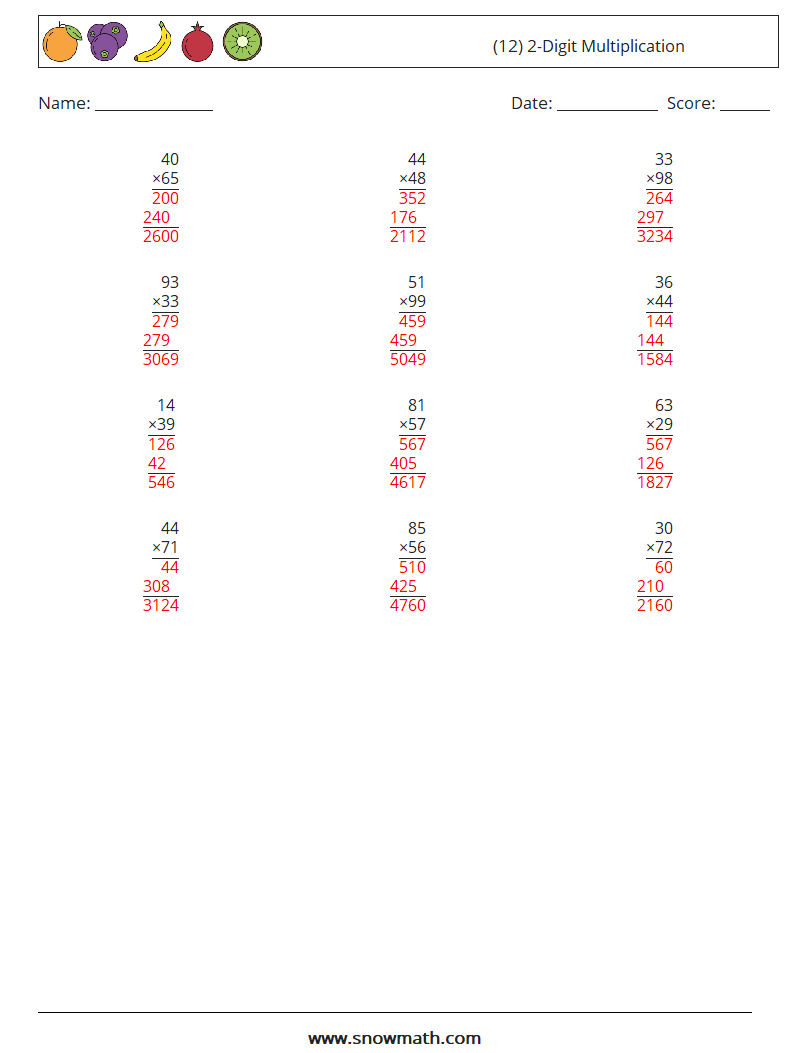 (12) 2-Digit Multiplication Math Worksheets 18 Question, Answer