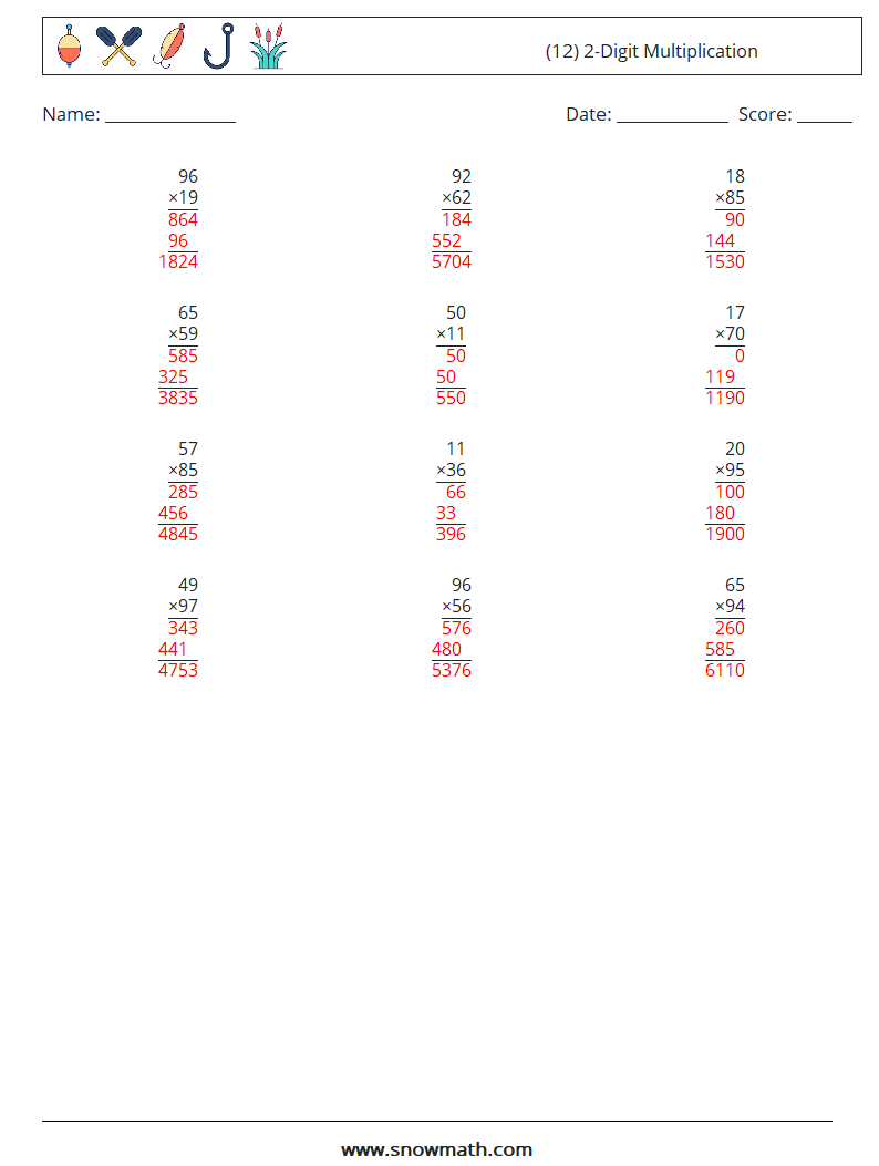 (12) 2-Digit Multiplication Math Worksheets 2 Question, Answer