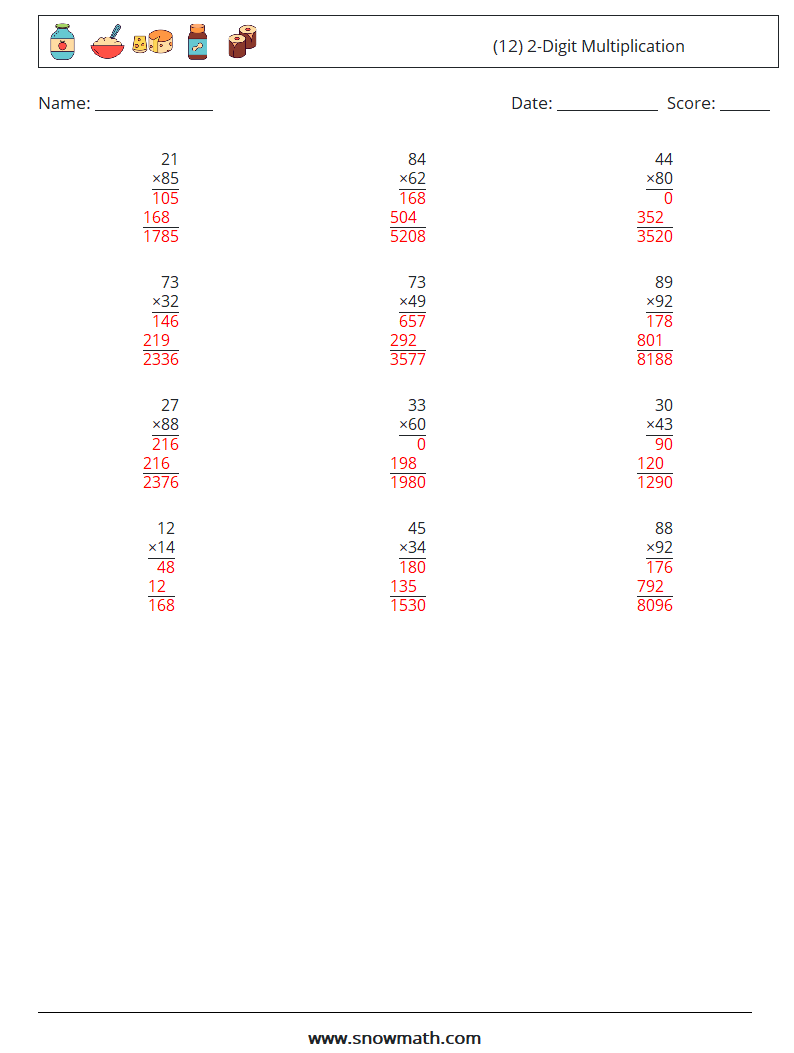 (12) 2-Digit Multiplication Math Worksheets 4 Question, Answer