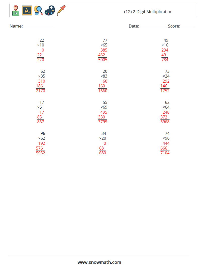 (12) 2-Digit Multiplication Math Worksheets 5 Question, Answer