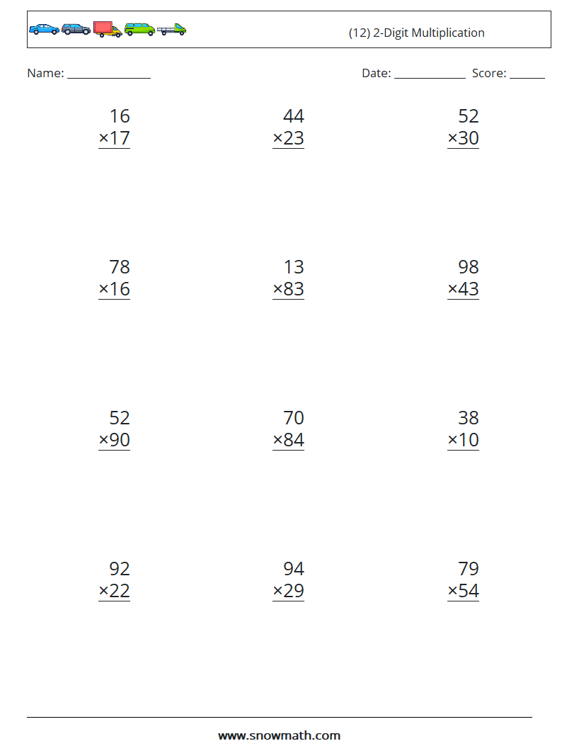 (12) 2-Digit Multiplication Maths Worksheets 6