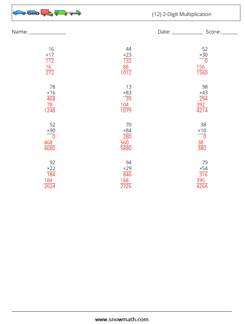 (12) 2-Digit Multiplication Math Worksheets 6 Question, Answer