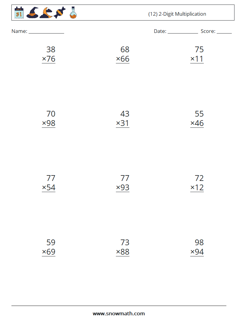 (12) 2-Digit Multiplication Maths Worksheets 7