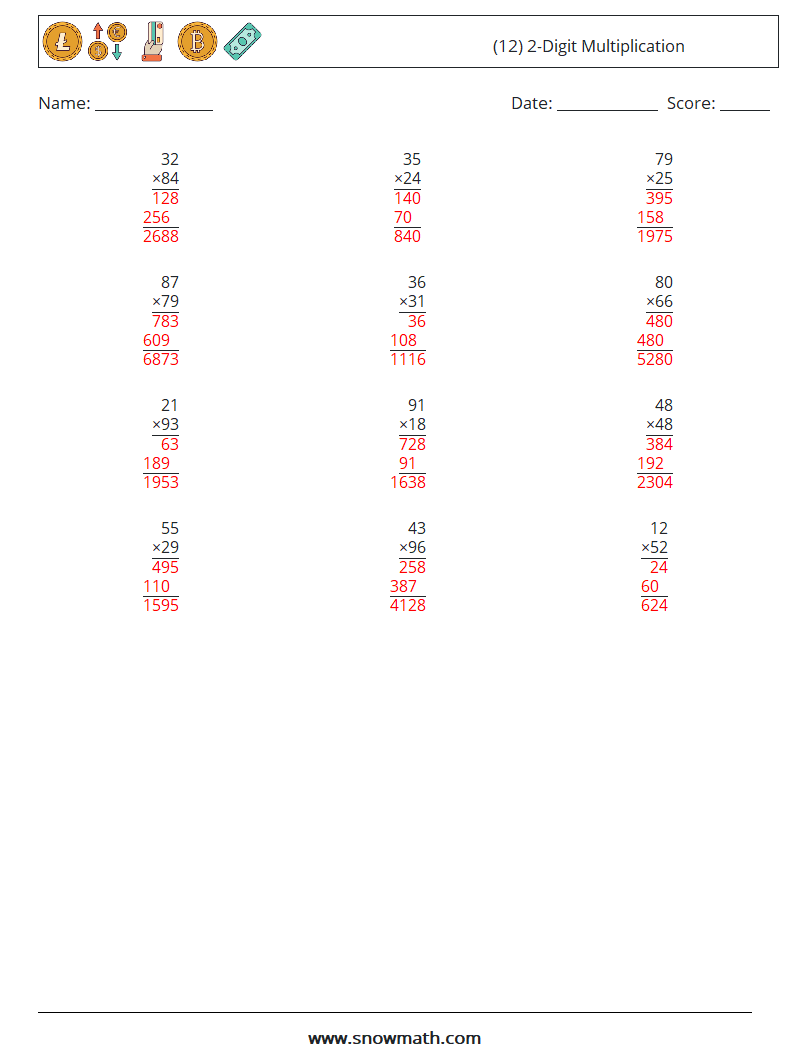 (12) 2-Digit Multiplication Math Worksheets 8 Question, Answer