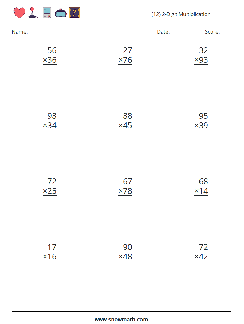 (12) 2-Digit Multiplication Maths Worksheets 9