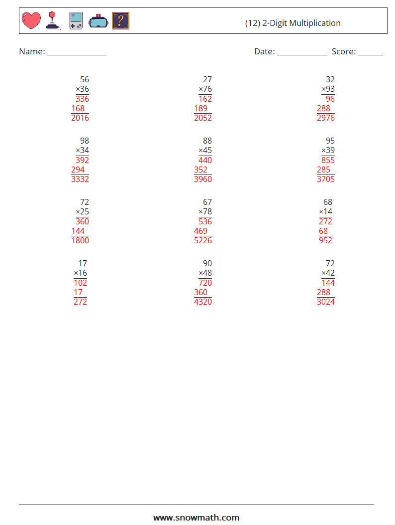 (12) 2-Digit Multiplication Math Worksheets 9 Question, Answer