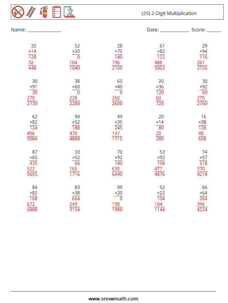 (25) 2-Digit Multiplication Math Worksheets 10 Question, Answer