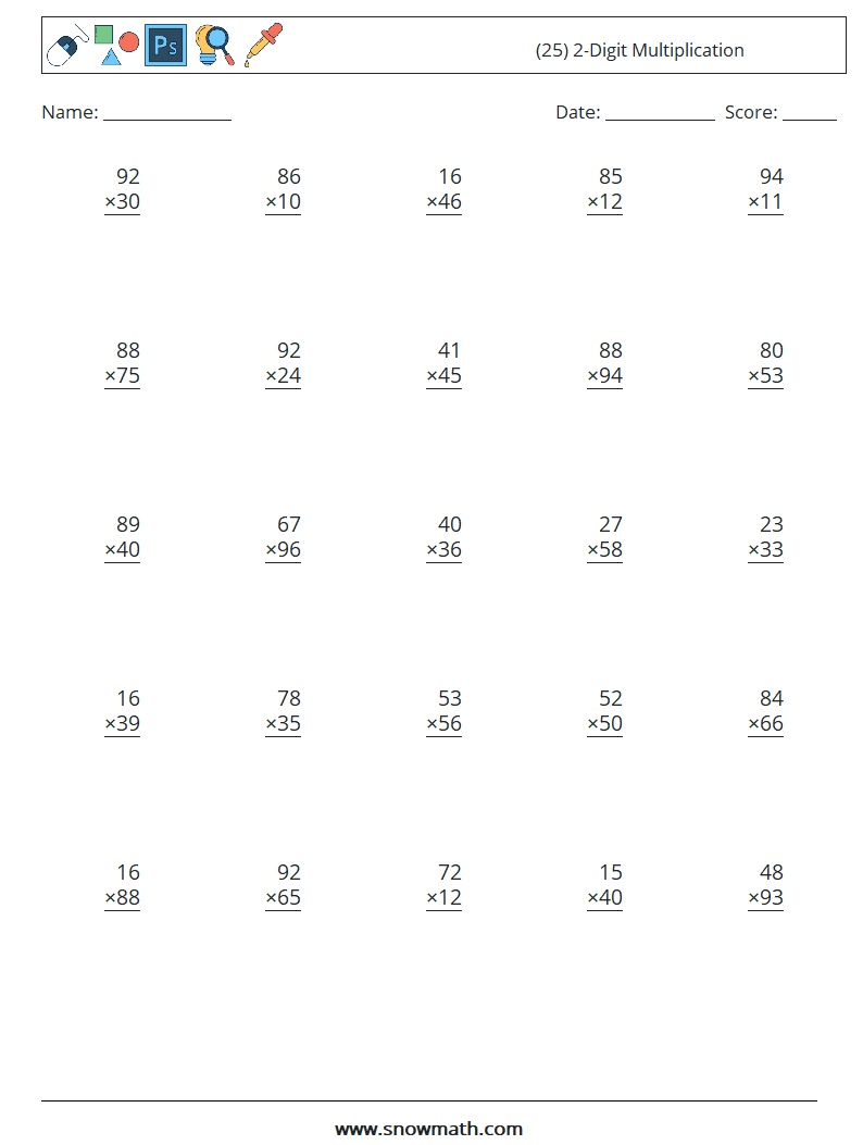 (25) 2-Digit Multiplication Math Worksheets 11