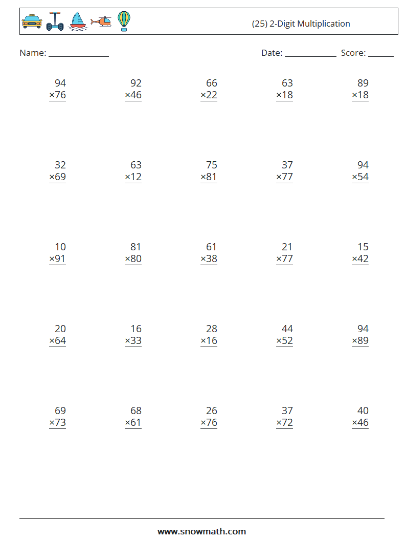 (25) 2-Digit Multiplication Math Worksheets 12