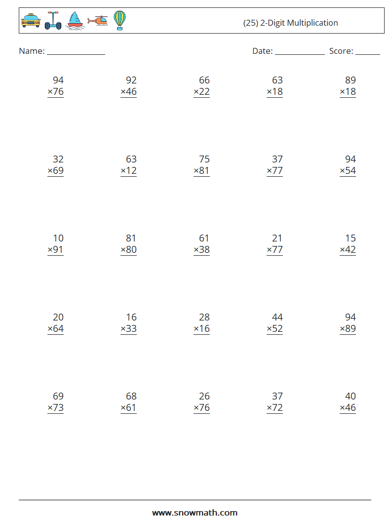 (25) 2-Digit Multiplication Maths Worksheets 12