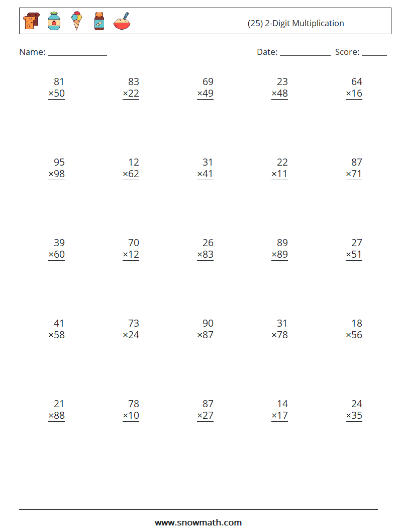 (25) 2-Digit Multiplication Math Worksheets 14