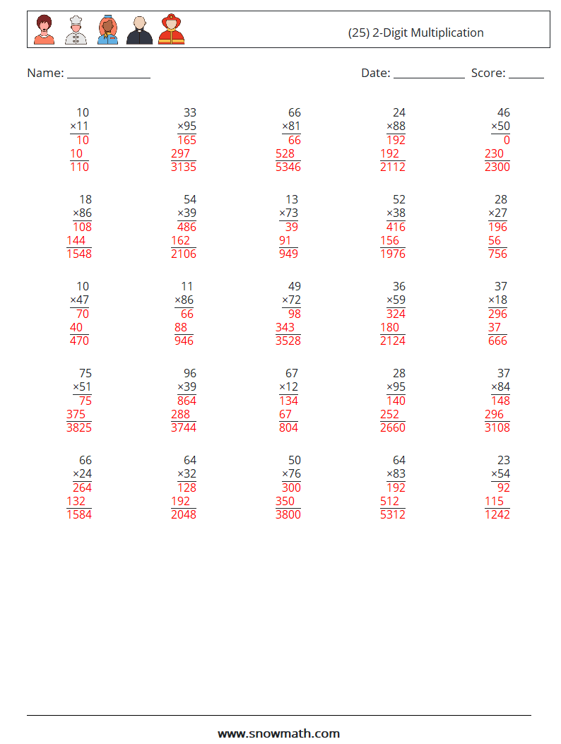 (25) 2-Digit Multiplication Math Worksheets 16 Question, Answer