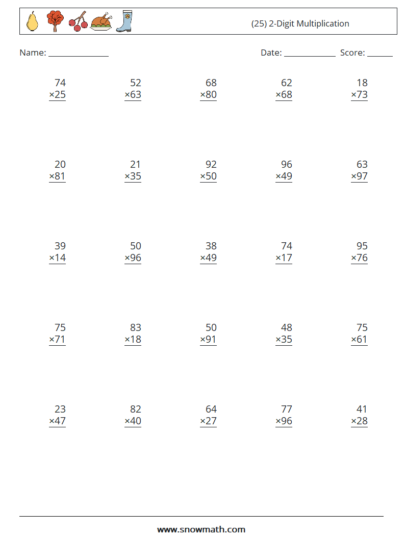 (25) 2-Digit Multiplication Maths Worksheets 18