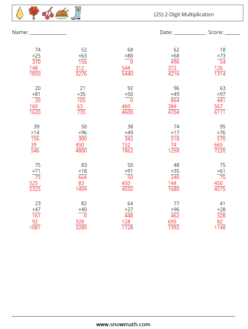 (25) 2-Digit Multiplication Math Worksheets 18 Question, Answer