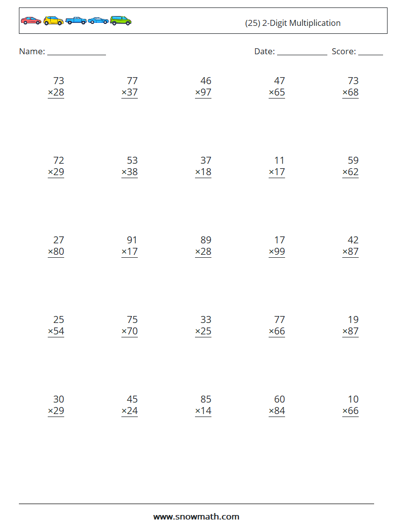 (25) 2-Digit Multiplication Math Worksheets 2