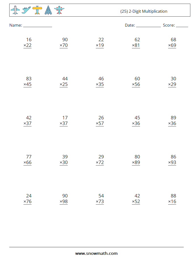 (25) 2-Digit Multiplication Math Worksheets 3