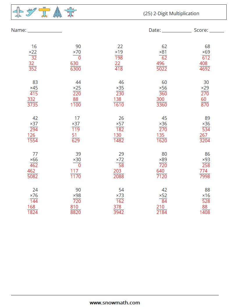 (25) 2-Digit Multiplication Math Worksheets 3 Question, Answer