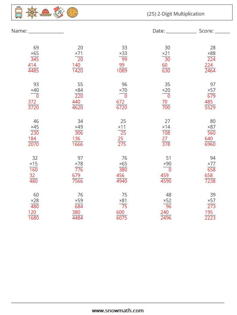 (25) 2-Digit Multiplication Math Worksheets 4 Question, Answer