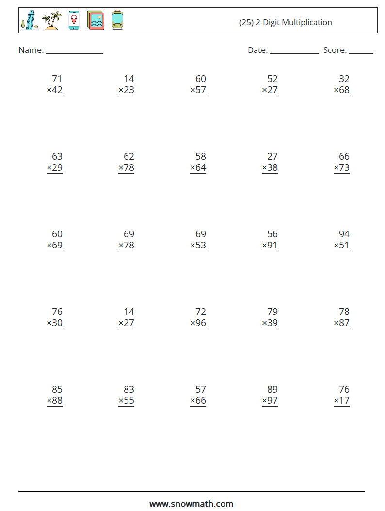 (25) 2-Digit Multiplication Math Worksheets 5