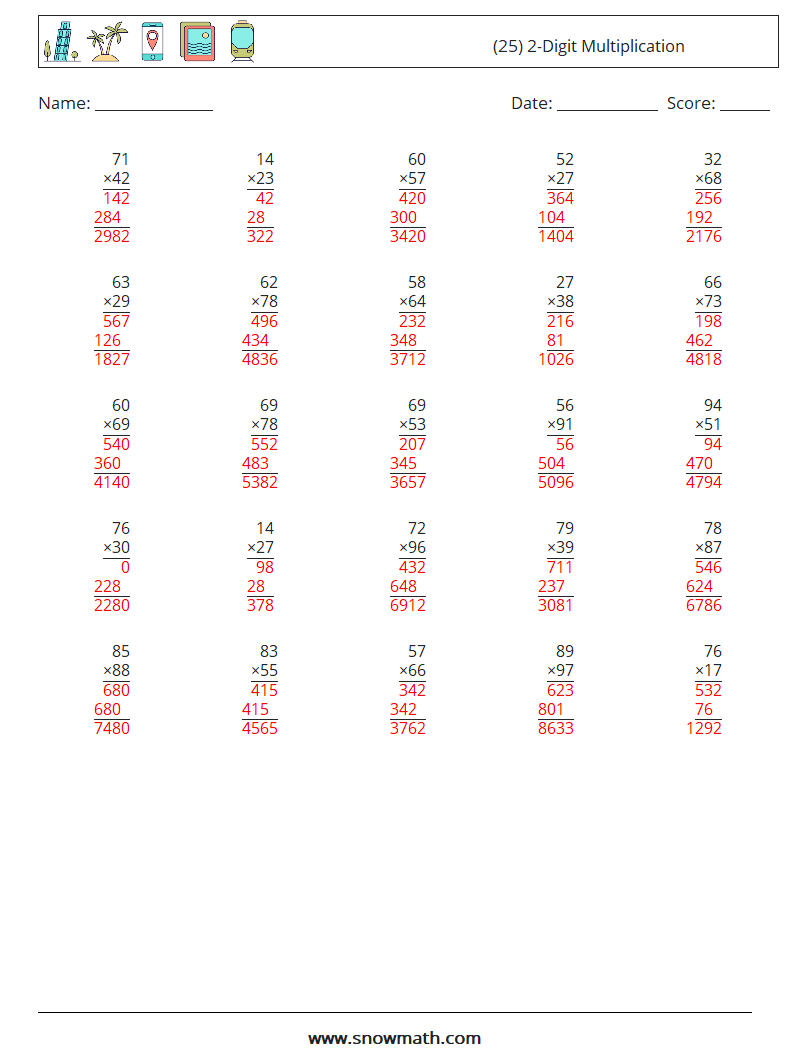 (25) 2-Digit Multiplication Math Worksheets 5 Question, Answer