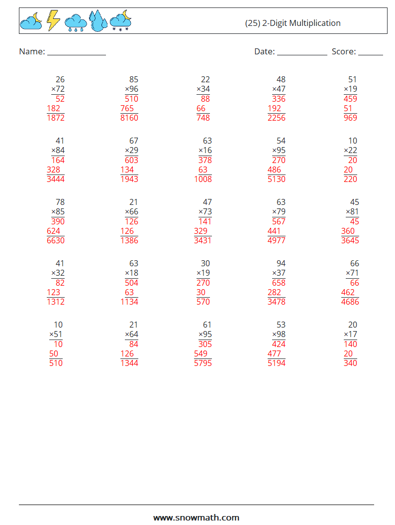 (25) 2-Digit Multiplication Math Worksheets 6 Question, Answer