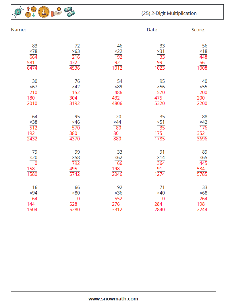 (25) 2-Digit Multiplication Math Worksheets 7 Question, Answer