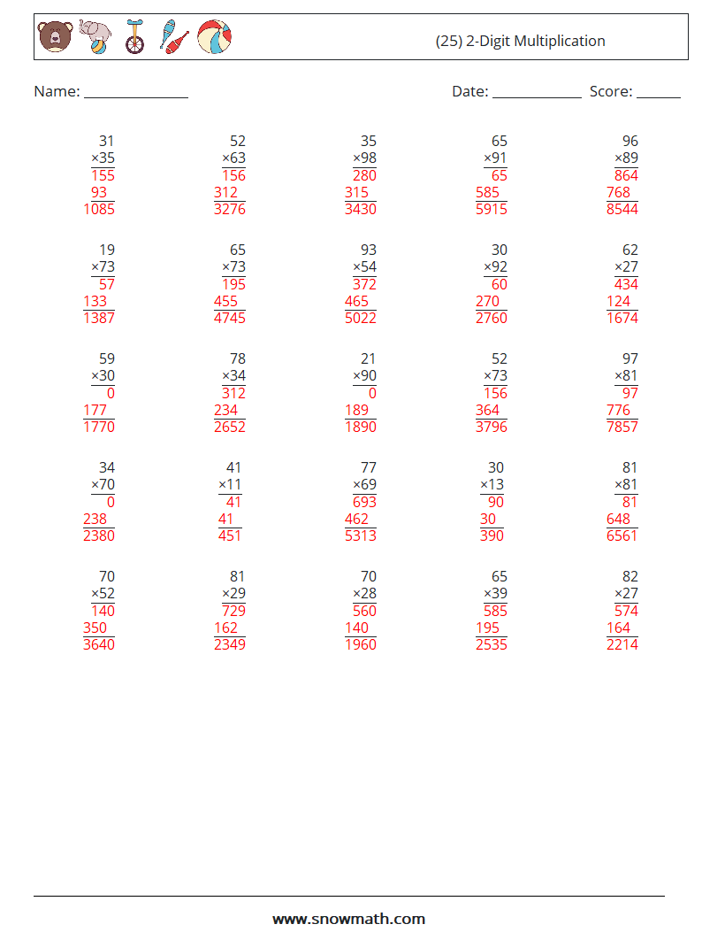 (25) 2-Digit Multiplication Math Worksheets 8 Question, Answer