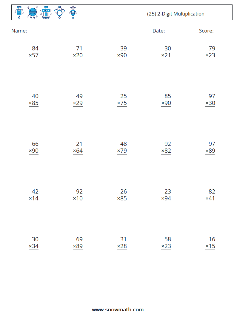 (25) 2-Digit Multiplication Math Worksheets 9