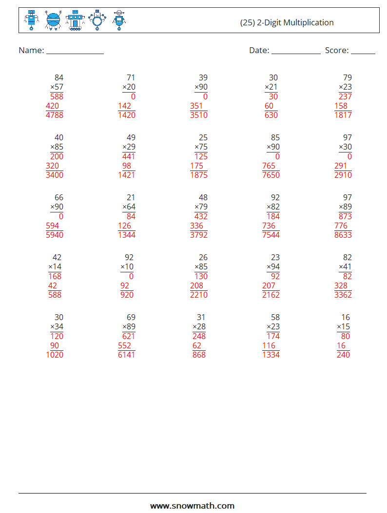 (25) 2-Digit Multiplication Math Worksheets 9 Question, Answer