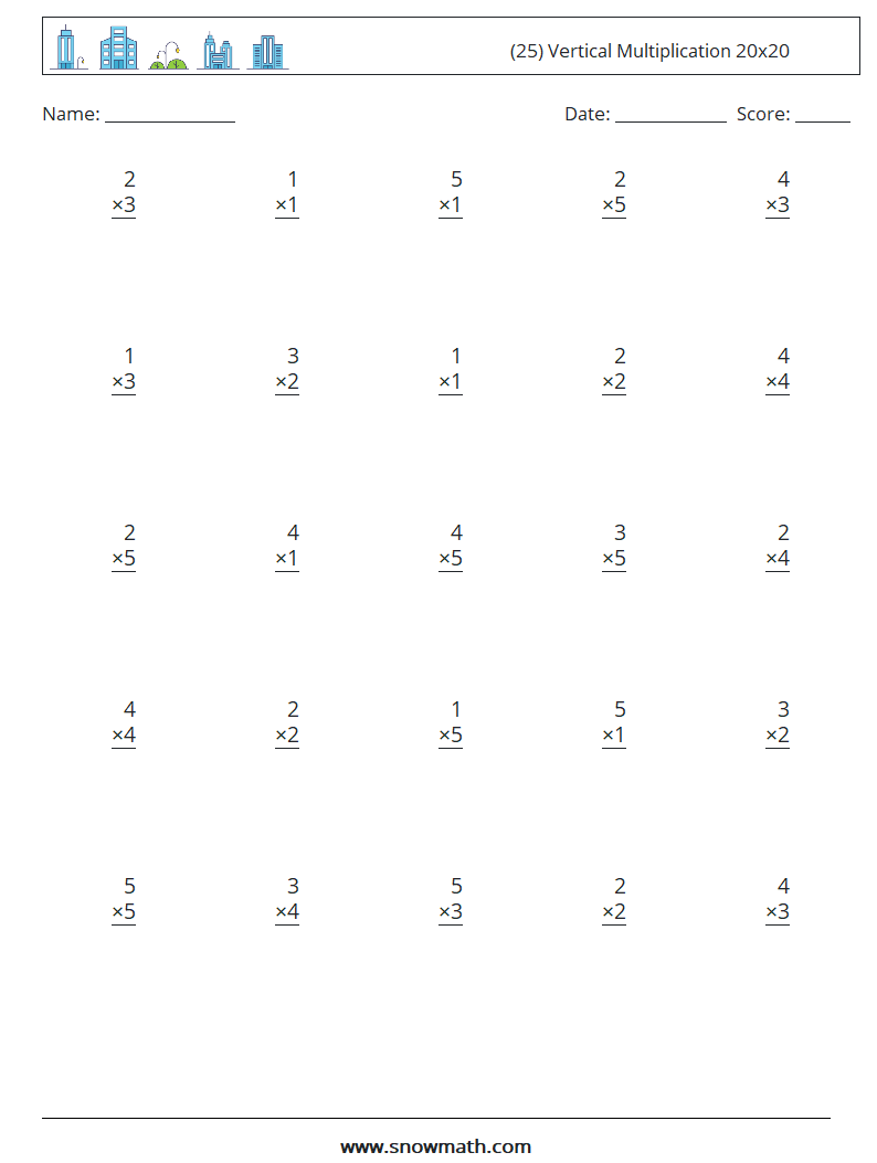 (25) Vertical Multiplication 20x20 Maths Worksheets 10