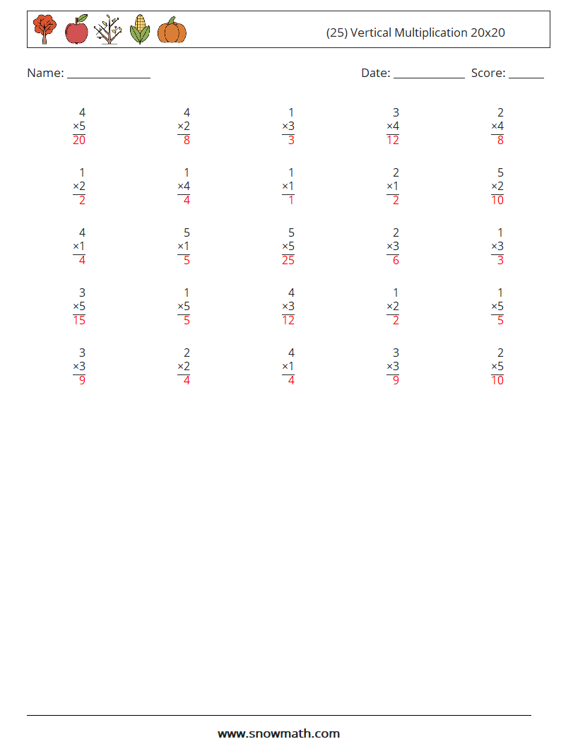 (25) Vertical Multiplication 20x20 Math Worksheets 11 Question, Answer