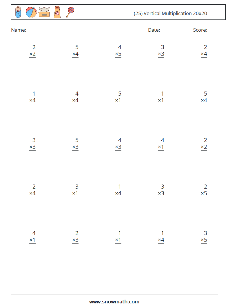 (25) Vertical Multiplication 20x20 Maths Worksheets 12