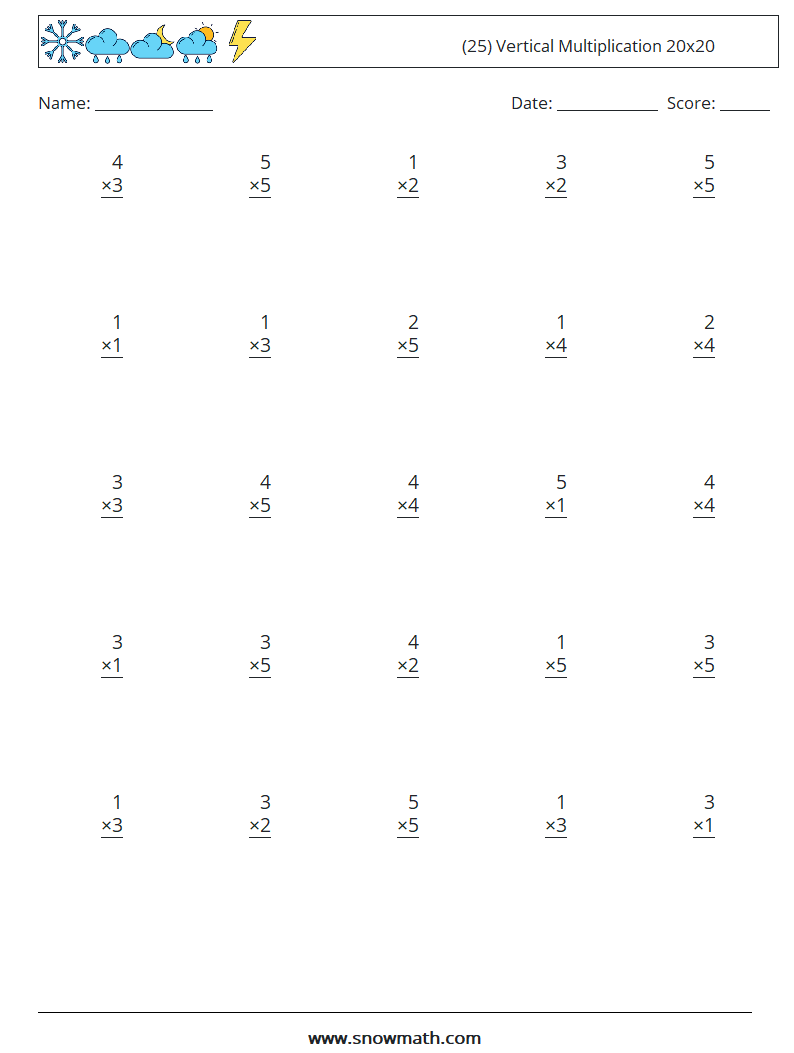 (25) Vertical Multiplication 20x20 Math Worksheets 13