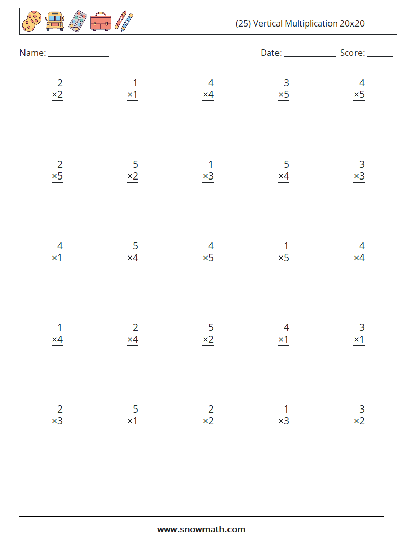 (25) Vertical Multiplication 20x20 Maths Worksheets 15