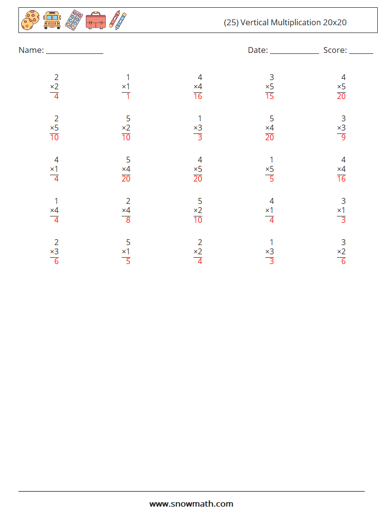 (25) Vertical Multiplication 20x20 Math Worksheets 15 Question, Answer