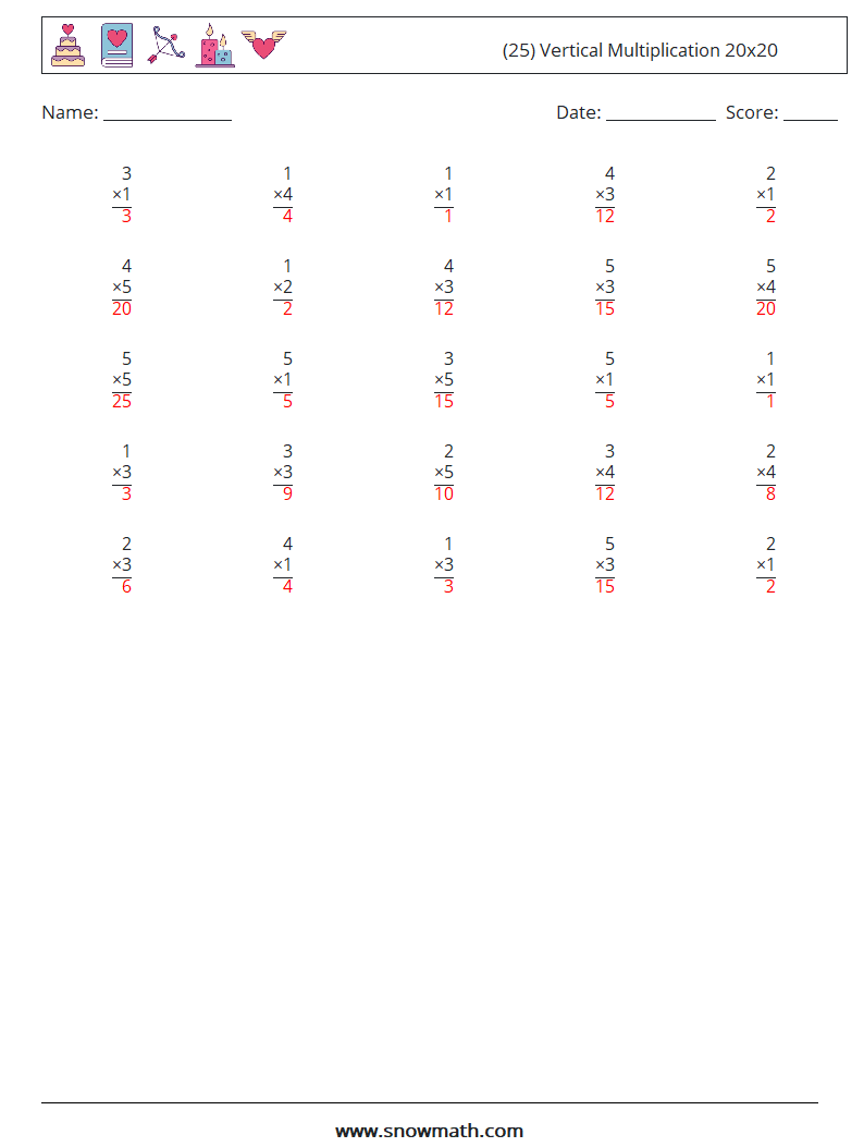 (25) Vertical Multiplication 20x20 Math Worksheets 16 Question, Answer