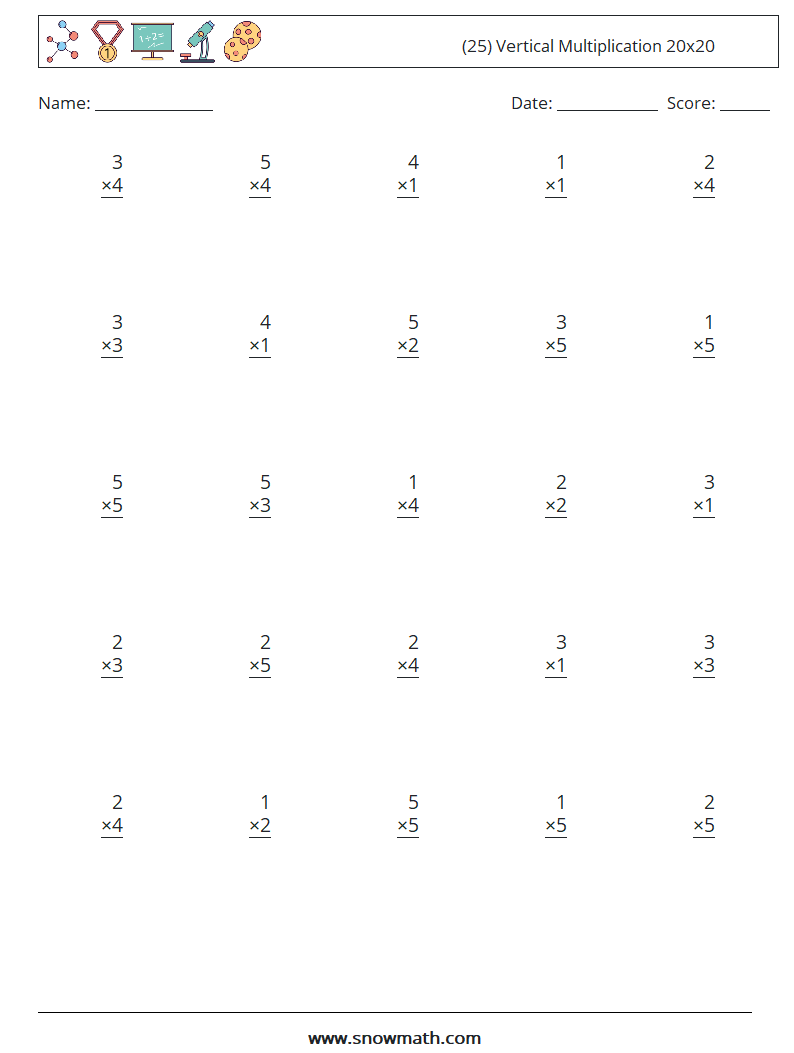 (25) Vertical Multiplication 20x20 Maths Worksheets 17