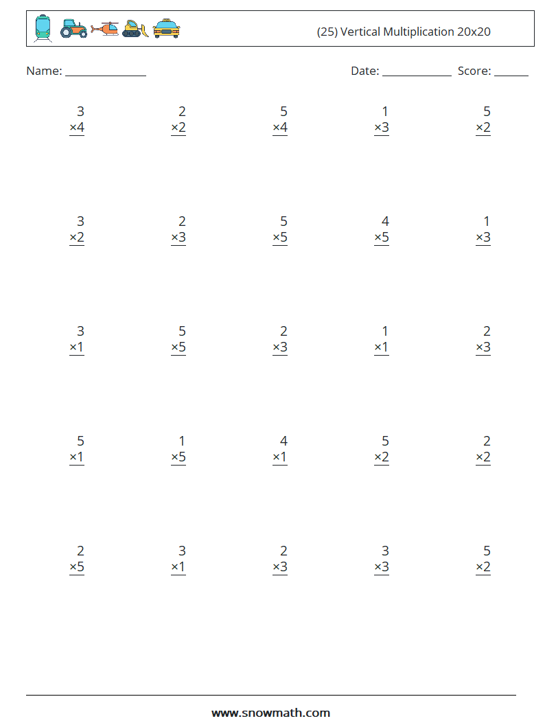 (25) Vertical Multiplication 20x20 Maths Worksheets 18