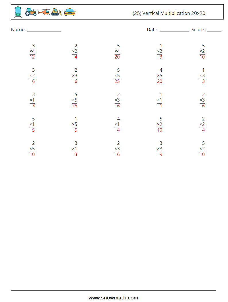 (25) Vertical Multiplication 20x20 Math Worksheets 18 Question, Answer