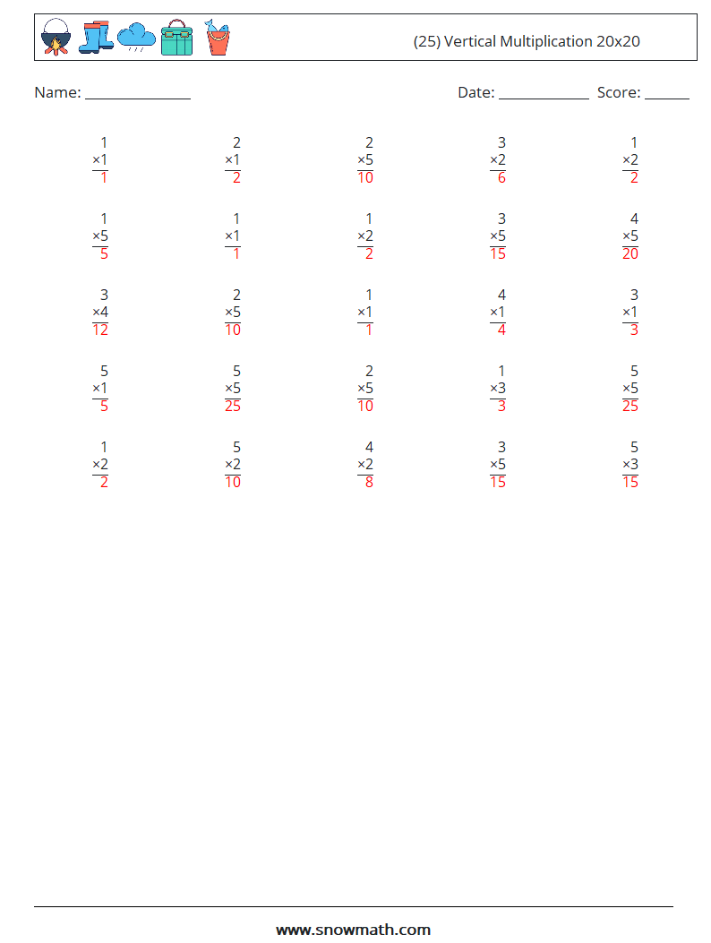 (25) Vertical Multiplication 20x20 Math Worksheets 1 Question, Answer