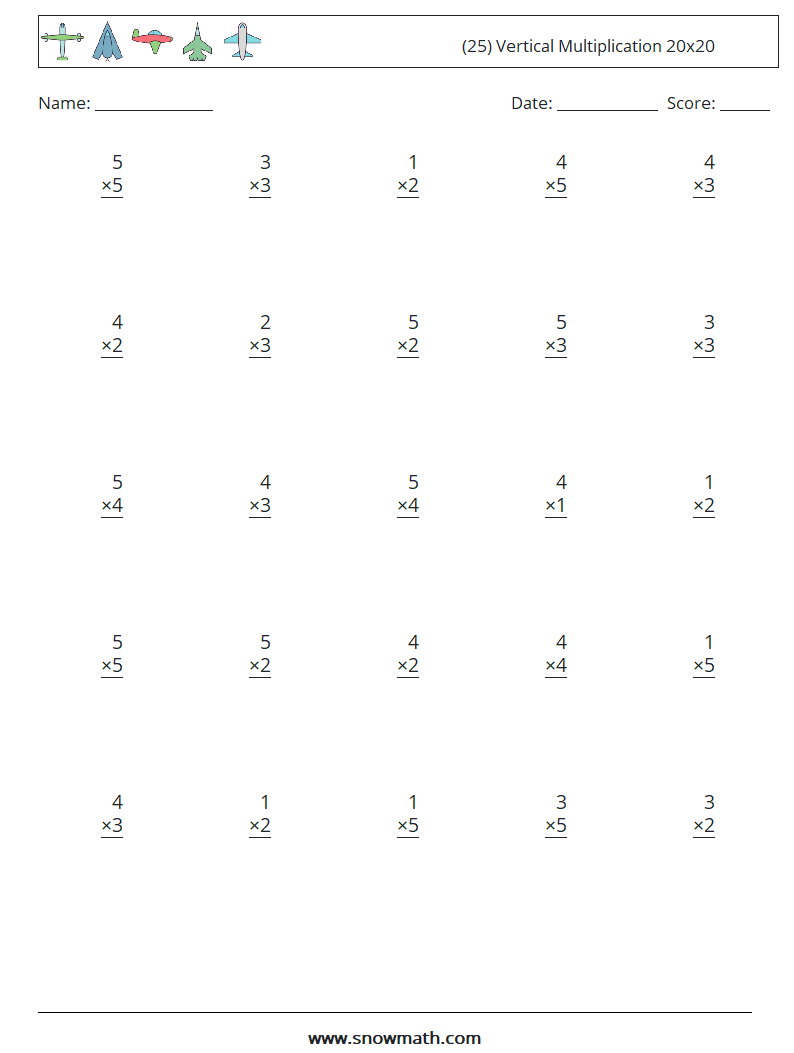 (25) Vertical Multiplication 20x20 Maths Worksheets 6