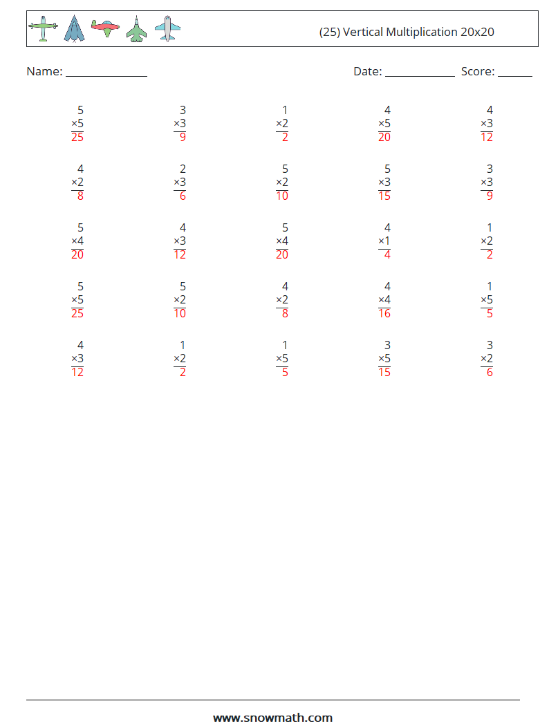 (25) Vertical Multiplication 20x20 Math Worksheets 6 Question, Answer