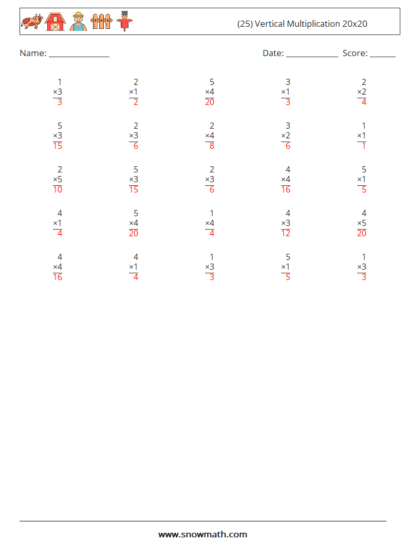 (25) Vertical Multiplication 20x20 Math Worksheets 8 Question, Answer