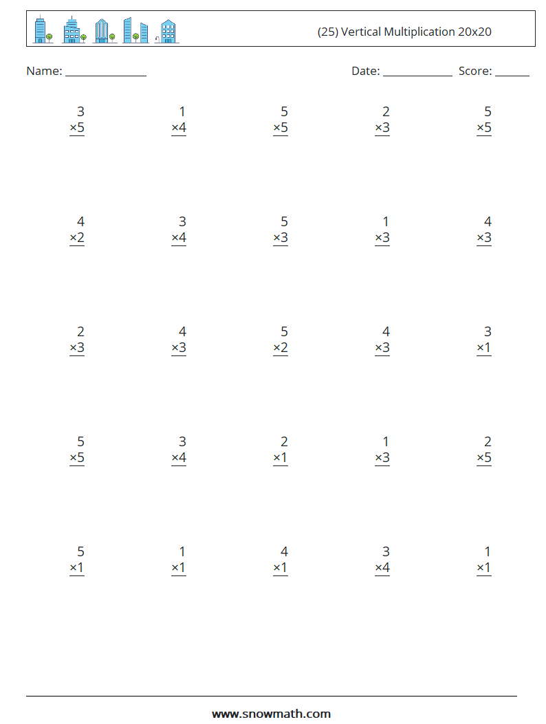 (25) Vertical Multiplication 20x20 Maths Worksheets 9