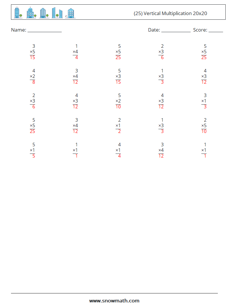 (25) Vertical Multiplication 20x20 Math Worksheets 9 Question, Answer
